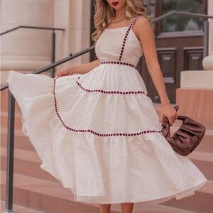 JessaKae Monroe Polkadot White and Burgundy Velvet Trim Midi Dress